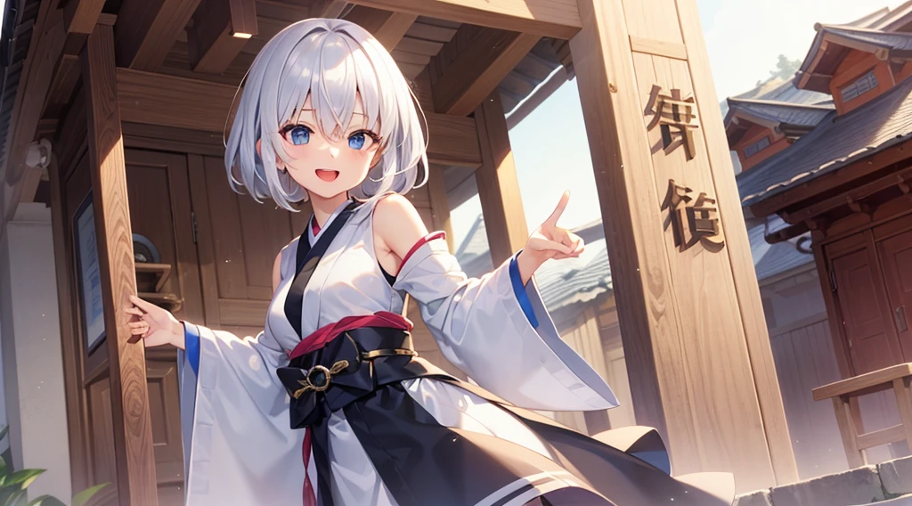 (masutepiece: 1.2, Best Quality), 1 Lady, Solo, silber hair,Shoulder out,Very short hair, long bangs between eyes, blue eyess,Black eyes,,White hair, Silver hair, shrine maiden clothe、shrines、A smile、open open mouth、5 fingers