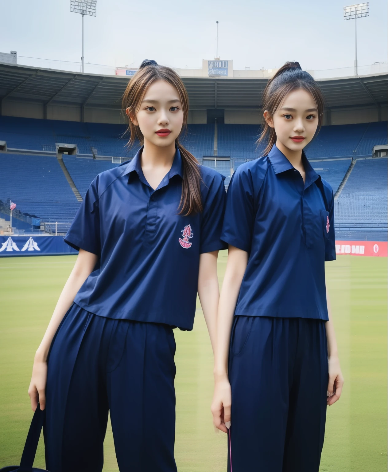 (bestquality,10,10,highres,masterpiece:1.2),ultra-detail,(Realistic,ภาพRealistic,photo-realistic:1.37),1 Cute girl in the football field,oily shiny skin,bara,light smile,BDclothelue shirt:1.3)),short sleeves,shirt, trousers.,(navy_long_ติดตามtrousers:1.1), ((Stadium Background:1.3)),dynamic angle,excited,face focus,Dynamic Poses,from behide,Ass Focus,masterpiece, bestquality, ultra realistic, hyper-detail, 8k resolution, RAW photo, crisp focus, ((Navy blue shirt:1.1)), short sleeves, เส้นทางlong, Complete bodyแบบ, 2 mature women, 18yo, cinematic light,trousersวอร์มสีน้ําเงิน,Gymware,Correct anatomy,Complete body, Correct body, sharp face, Correct bodyทางกายวิภาค, full entire body, Realistic gestures, long-haired, Realistic poses,Wear long shorts..............................,ช่วงขาlong,Shapely,Sculpting Girl, Slender Figure, mannequin mannequins, Shapely, Beautiful body,trousersวอร์มสีน้ําเงิน, Two girls kissing