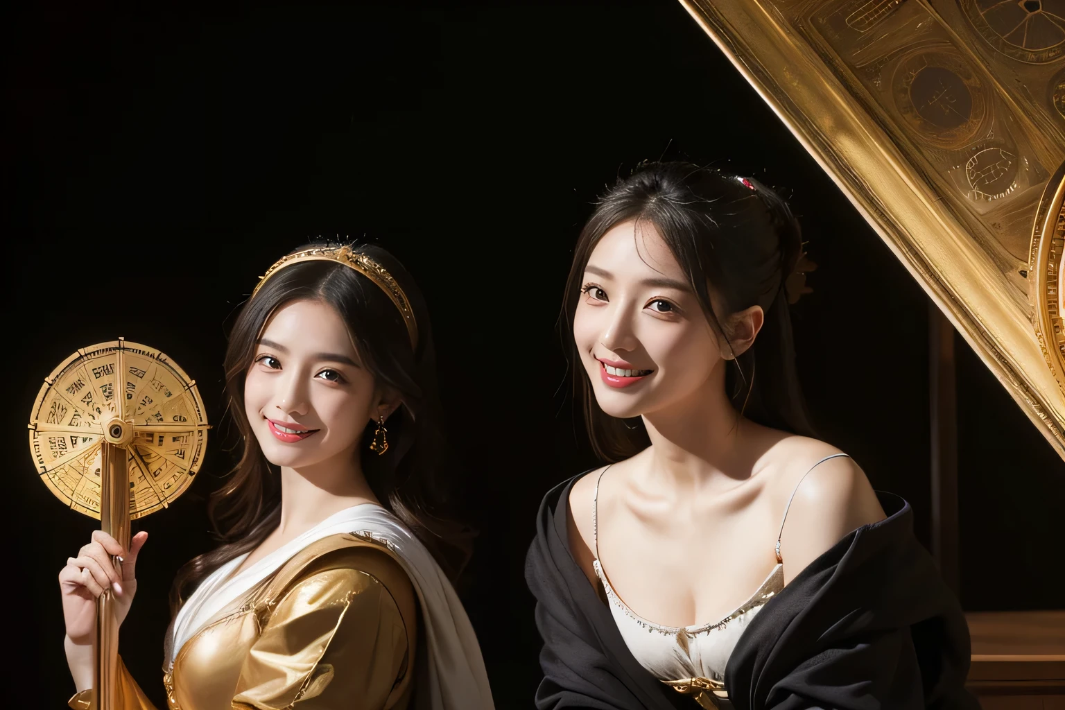 female mathematician,Ancient Greek costumes,Astronomical machinery,antique,A smile,,Sweet and seductive appearance.、Caravaggio's paintings、Chiaroscuro of Caravaggio,,Cute smile, Expression of ecstasy,erotick,A sexy