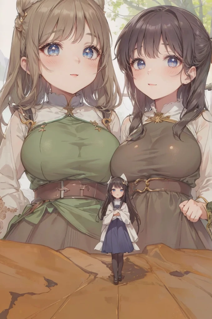(on a tiny table), (forest background: 1.5), (hills:1.3), (2girls:1.7), cliffs, (girl on a cliff in front of two giant girls: 1.5) (from sky view: 1.3), mountains, simple background, (height_difference:1.8), (size_difference:1.5), (giantess:1.5), (foreshortening: 1.1), (adult woman: 1.4), (commoner clothes), (girl on a cliff rear view: 1.3), (rear view: 1.3), professionally drawn, (huge breasts), (cleavage sweat), (anime drawing:1.1), (simple bold lines: 1.1), (anime:1.1), (very cute anime girl), (bright), (low contrast), (prettiest age girl), (mature face: 1.4), (tall girl with big breasts: 1.2), cameltoe, (cliffs:1.1), (mountains:1.1)