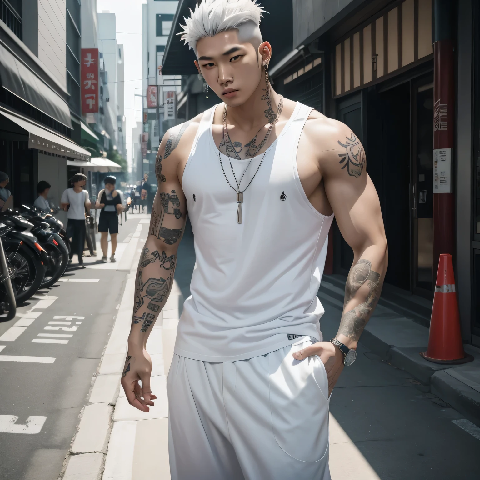 Asian korean male, very white skin, with full body tattoed, in a white oversized tanktop on the street, with gauged hears and gray hair with dark roots, high quality