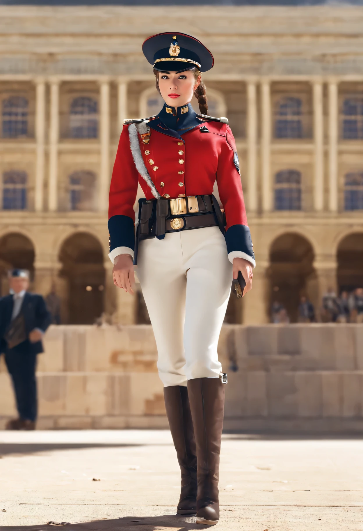 ((masterpiece)), ((best quality)), (digital painting), ((photorealistic)), wide angle shooting, beautiful, sexy woman, sweet smile, brown eyes, long hair, eyebrows, facial details, wearing a royal uniform , ((red jacket, epaulettes)), cleavage, (tight white trousers), british royal guard uniform, outdoors, perfect body anatomy, elaborate british soldier uniform, hips, big thighs, cowboy shot, facing the audience, Background, parliament building, Royal Palace, luxurious, blue sky, white clouds, (super, high detail), professional photographer (hyper detail), depth of field, sharp lighting, focus, (intricate detail), ultra UHD, 16k