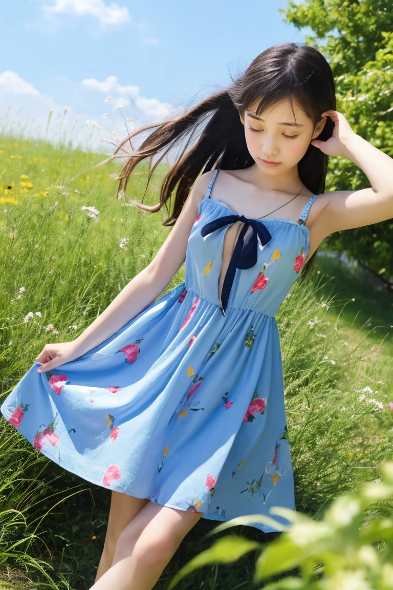 Beautiful girl wearing a summer dress、ars、bow ribbon、japanes、(heavy wind)、wistfulness、A dark-haired、Spinning、close your eyes and pass out、