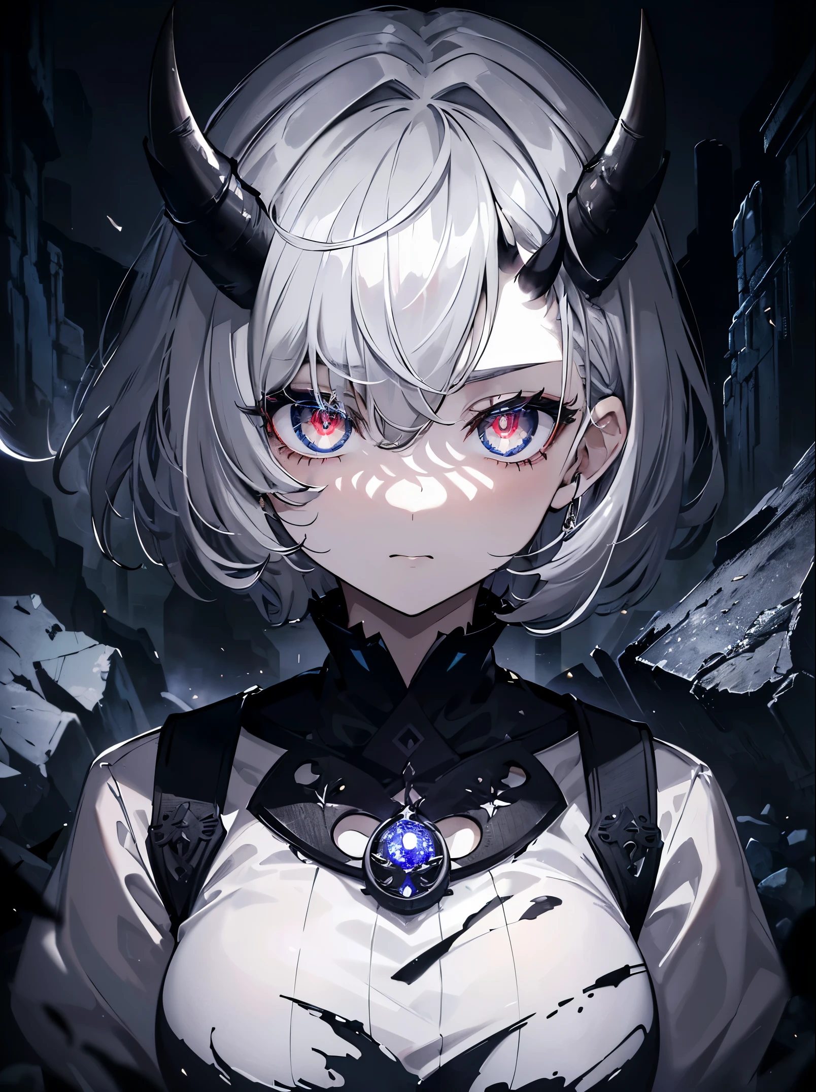 (masterpiece,best quality,ultra-detailed),1girl,grey hair,short hair,messy hair, glowing eyes,oni horns,hair over eye,eye covered in hair,((grey theme)),in a dark cave,(night),stone pillars,((medium shot)), looking at viewer