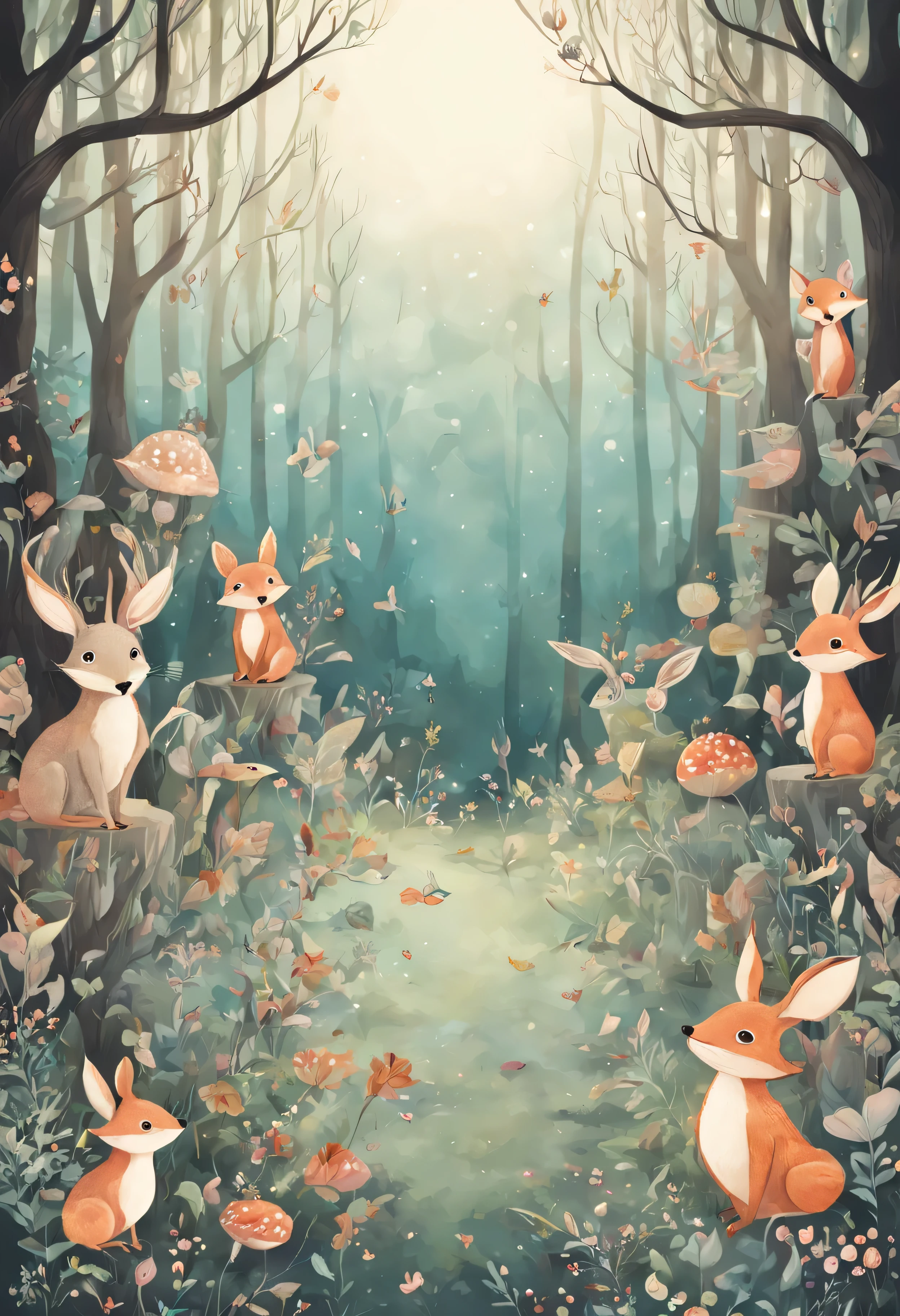 Background of Enchanting forest creatures, set against a woodland backdrop, creating a magical and whimsical atmosphere made for an invitation card with space at center