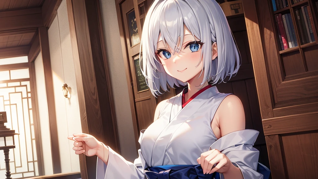 (masutepiece: 1.2, Best Quality), 1 Lady, Solo, silber hair,Shoulder out,Very short hair, long bangs between eyes, blue eyess,Black eyes,,White hair, Silver hair, shrine maiden clothe、shrines、A smile、5 fingers
