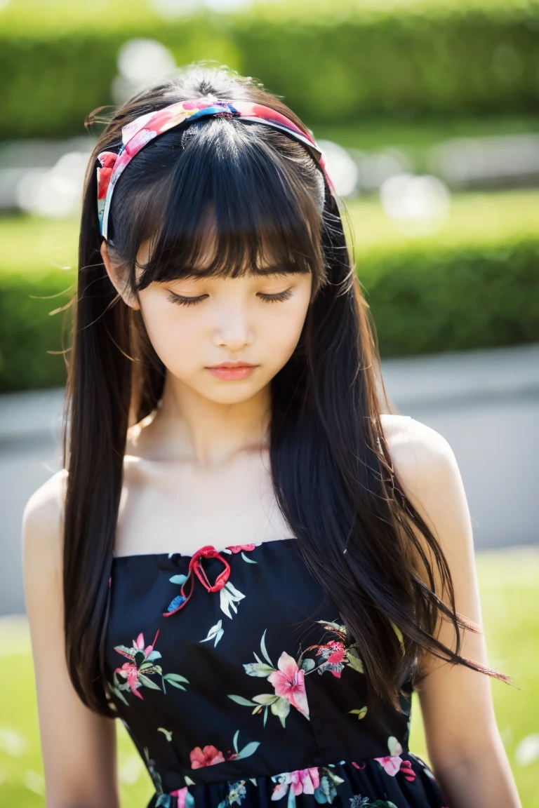 Beautiful girl wearing a summer dress、ars、bow ribbon、japanes、(heavy wind)、wistfulness、Black hair straight long hair、With bangs、Spinning、An expression that reminds you of something with your eyes closed、faint and fall、