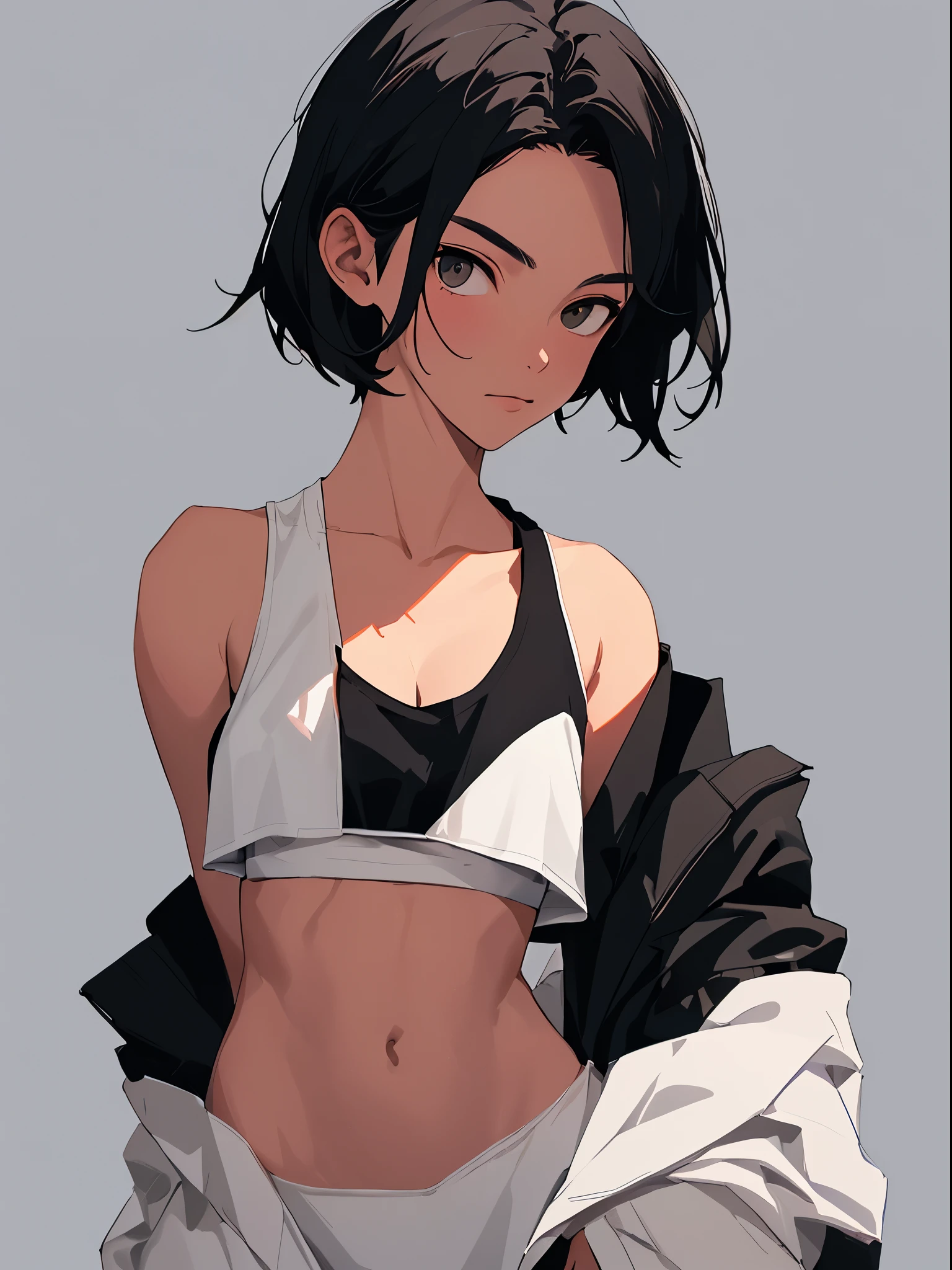 1girl, black hair, collarbone, black jacket, large breasts, looking at viewer, shirt, short hair, solo, tank top, upper body, white shirt, white tank top, showing abs, muscular female,
