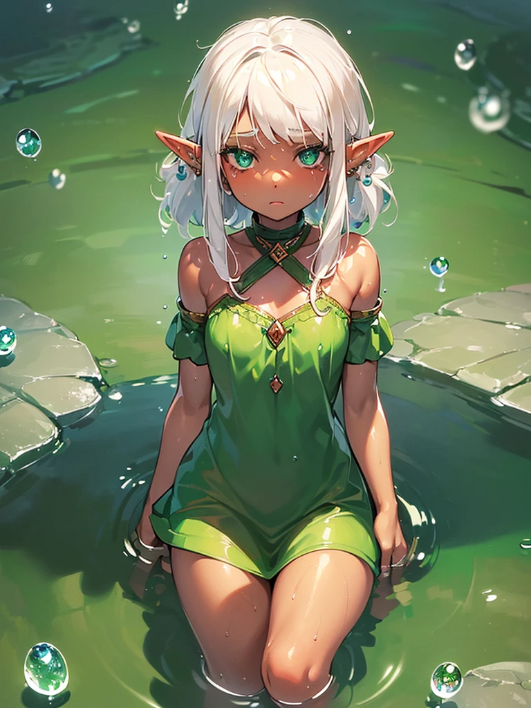 (((I want a  elf girl with brown skin, white hair and green eyes, her eyes shining while around her being surrounded by water droplets like magic)))