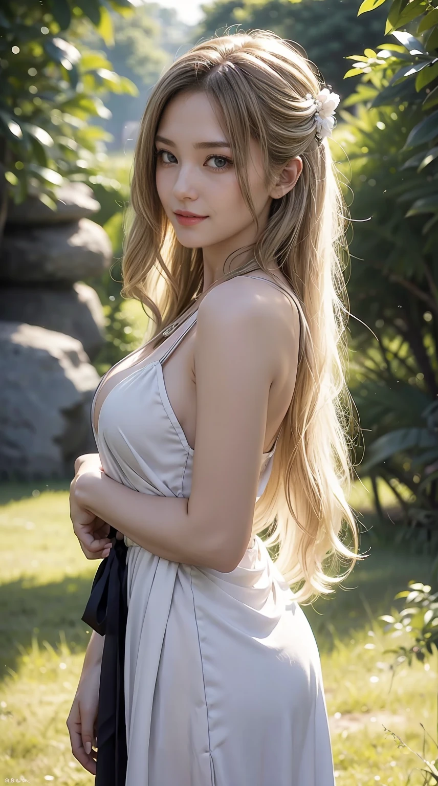 American white woman with unparalleled looks、dark blonde、Semi-long hair、Hair is wavy、mischief 、A slender、Out of focus background of open meadow in the forest、The sun filtering through the trees is beautiful、a smile、Looking at the camera、A slenderでありながら胸が大きく均整の取れた身体、Posing like a model、Looking from the side、There must be space above the head、Breast bare、I'm wearing a hair ornament