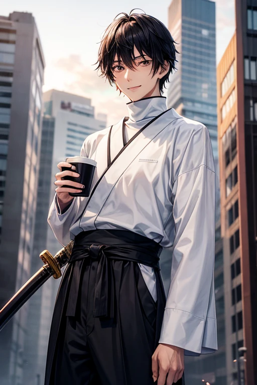 A tall 17 year old Japanese male with noticeable dark eyebags under his eyes. His face is angular and his medium-length hair is sideswept. He's wearing a white turtleneck and plain black pants. He has a long katana in a black sheath at his waist with a red handle. He's smiling slightly as he stands in an empty modern city environment while holding a coffee cup held in his left hand.