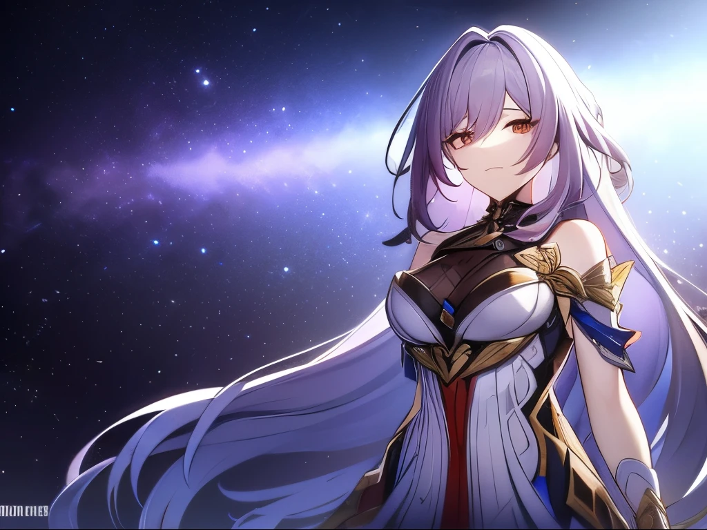 The female girl character from the game Genshin Impact Hoyoverse has long ash gold hair, eyes the color of a galaxy and typical snezhnaya clothes