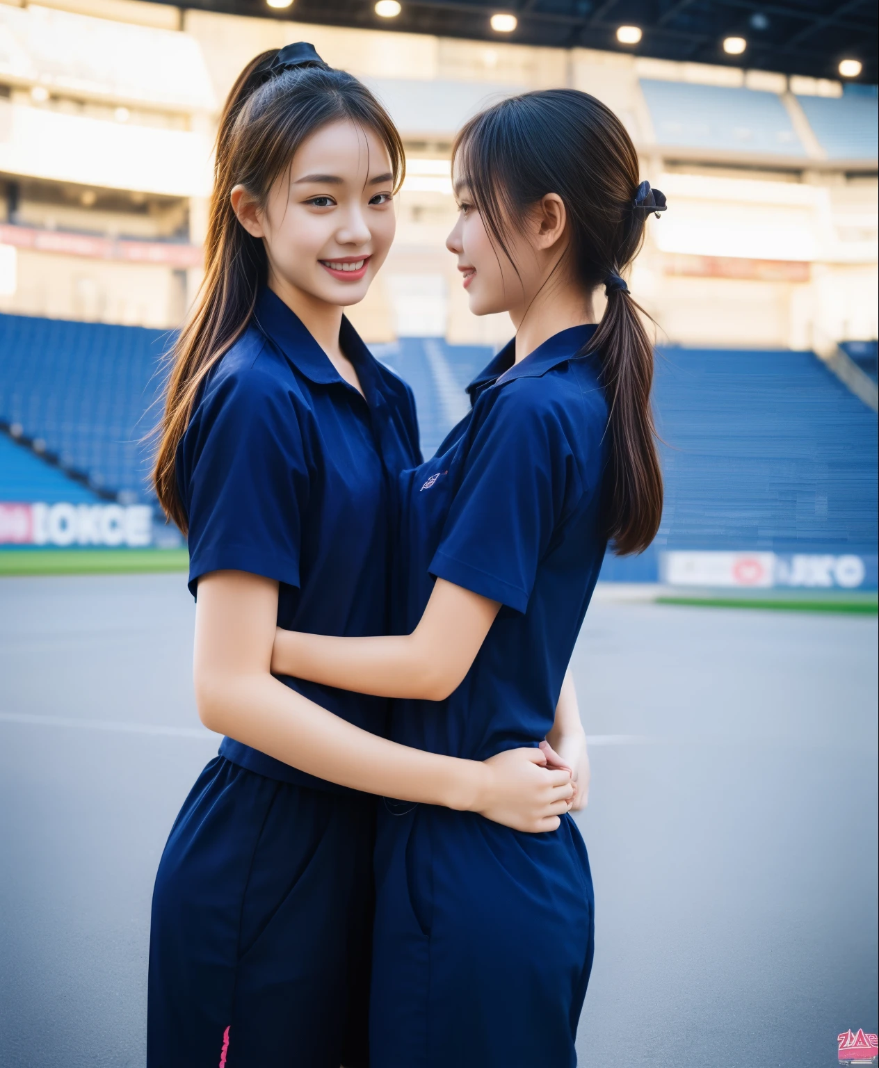 (bestquality,10,10,highres,masterpiece:1.2),ultra-detail,(Realistic,ภาพRealistic,photo-realistic:1.37),1 Cute girl in the football field,oily shiny skin,bara,light smile,BDclothelue shirt:1.3)),short sleeves,shirt, trousers.,(navy_long_ติดตามtrousers:1.1), ((Stadium Background:1.3)),dynamic angle,excited,face focus,Dynamic Poses,from behide,Ass Focus,masterpiece, bestquality, ultra realistic, hyper-detail, 8k resolution, RAW photo, crisp focus, ((Navy blue shirt:1.1)), short sleeves, เส้นทางlong, Complete bodyแบบ, 2 mature women, 18yo, cinematic light,trousersวอร์มสีน้ําเงิน,Gymware,Correct anatomy,Complete body, Correct body, sharp face, Correct bodyทางกายวิภาค, full entire body, Realistic gestures, long-haired, Realistic poses,Wear long shorts..............................,ช่วงขาlong,Shapely,Sculpting Girl, Slender Figure, mannequin mannequins, Shapely, Beautiful body,trousersวอร์มสีน้ําเงิน, Two girls kissing