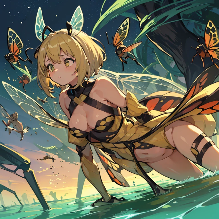 A girl covered in insect parfait who serves insects、Amazing dynamism、Amazing Angle、Unstable buoyancy sandstorm、((((Many friendly insects float closely together and chase each other.))))、surround each other'wing insect、