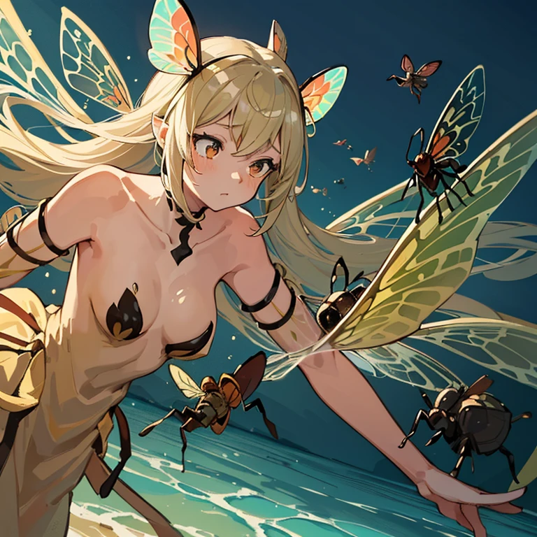 A girl covered in insect parfait who serves insects、Amazing dynamism、Amazing Angle、Unstable buoyancy sandstorm、((((Many friendly insects float closely together and chase each other.))))、surround each other'wing insect、