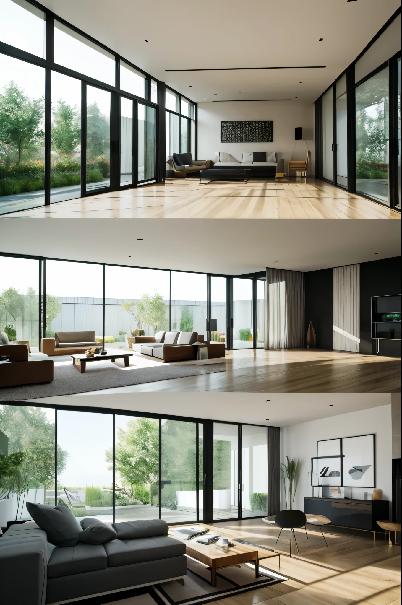 You are a famous interior designer、You have been asked to create a 3D image of a modern large room. Create a harmonious environment with modern and minimalist furniture. Including garden interior.