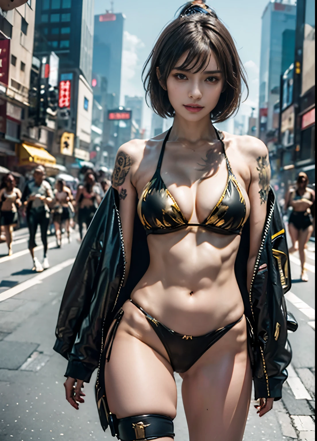 woman wearing sexy gold bikini, mechanized soldier girl, [ trending on cgsociety ]!!, cyberpunk 2 0 y. o Model girl, cgsociety ), cgsociety masterpiece, wojtek fus, inspired by Leng Mei, , high definition cgsociety, soldier girl, Cyberpunk Girl, 8k、Photorealsitic、Realistic skin textures、Sexier、Berry Short Hair、ruins、Tattoos all over the body