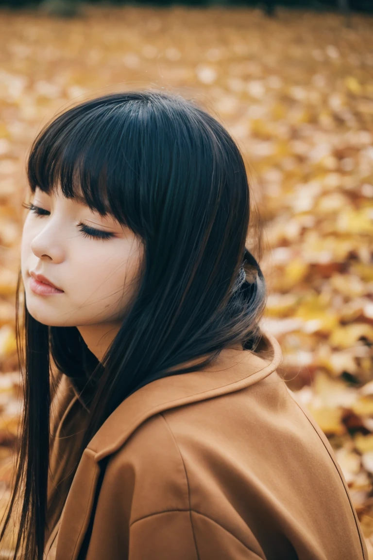 Beautiful girl wearing autumn clothes、ars、bow ribbon、japanes、(heavy wind)、wistfulness、Black hair straight long hair、With bangs、Spinning、An expression that reminds you of something with your eyes closed、faint and collapse、