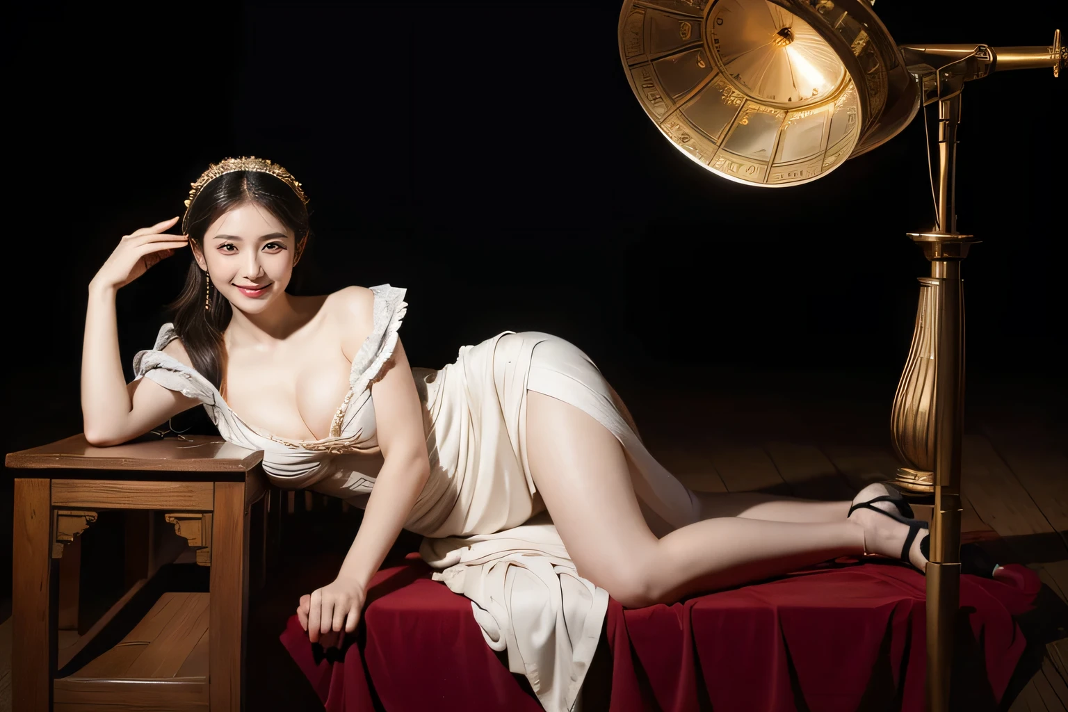 female mathematician,Ancient Greek costumes,Astronomical machinery,antique,A smile,,Sweet and seductive appearance.、Caravaggio's paintings、Chiaroscuro of Caravaggio,,Cute smile, Expression of ecstasy,erotick,A sexy