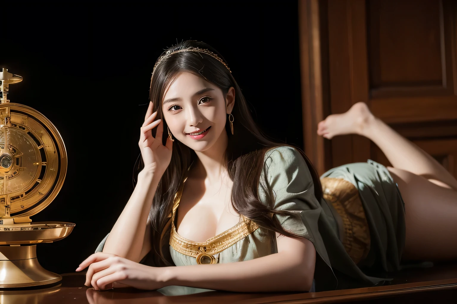 female mathematician,Ancient Greek costumes,Astronomical machinery,antique,A smile,,Sweet and seductive appearance.、Caravaggio's paintings、Chiaroscuro of Caravaggio,,Cute smile, Expression of ecstasy,erotick,A sexy