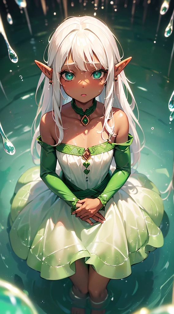 (((I want a elf girl with brown skin, white hair and green eyes, her eyes shining while around her being surrounded by water droplets like magic)))