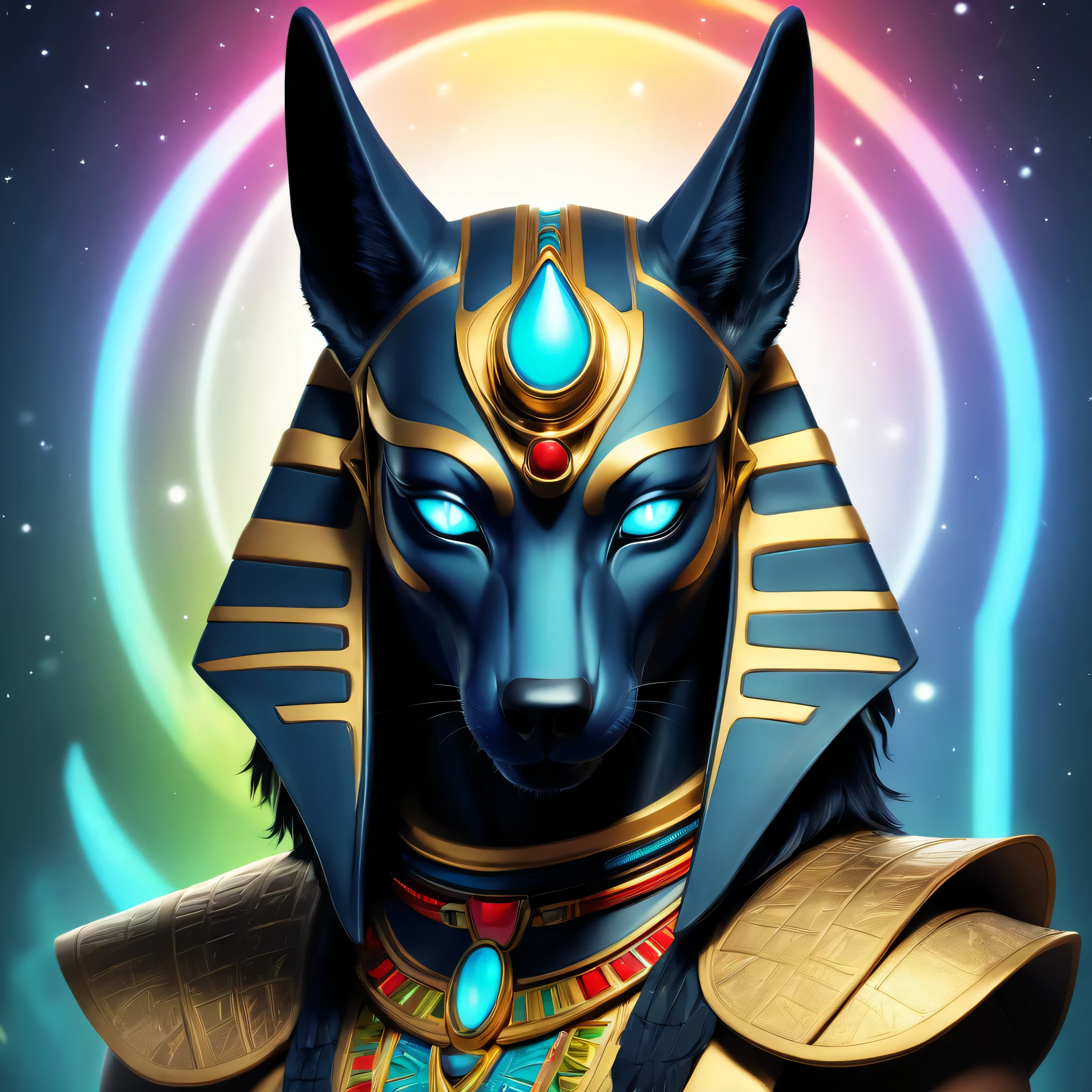 In digital art style, create a unique design of the Egyptian god Anubis, blending Pop Art, Anime & Comic Book, and Luminous & Bioluminescent styles. Imagination unleashed! An enchanting fusion, Anubis emerges as a god of transformation, donning a vibrant, animated, luminous jackal mask, with shimmering, neon aura, adorned with intricate anime-inspired features, such as xenon eyes that glow with an otherworldly intensity. His elaborate, comic book-inspired costume is a radiant symphony of colors, bursting with energy and life. The god's encompassing, imposing presence is set against a mesmerizing, dancing background of glowing, bioluminescent elements, pulsating in rhythm, drawing the viewer's gaze and captivating the senses.