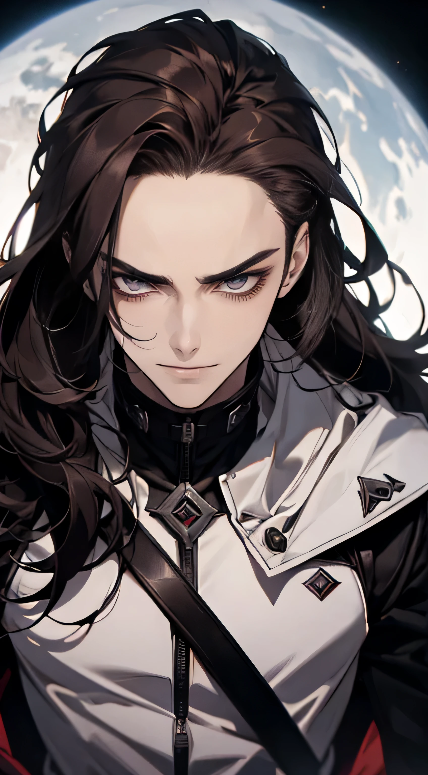 Masterpiece, Best quality, 1 homme, humain, adulte, 20 ans, mauvais look, mauvais smile, mauvais, Dark Hair, cheveux longs, front plie, visage vicieux, dark themed, sous une planete, Face avant, (Haut du corps)