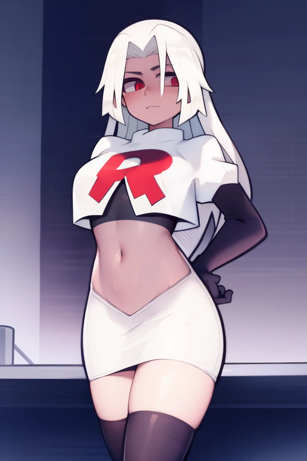 absurdres, 1girl, small breast, white hair, team rocket,team rocket uniform, red letter R, white skirt,white crop top,black thigh-highs,black elbow gloves