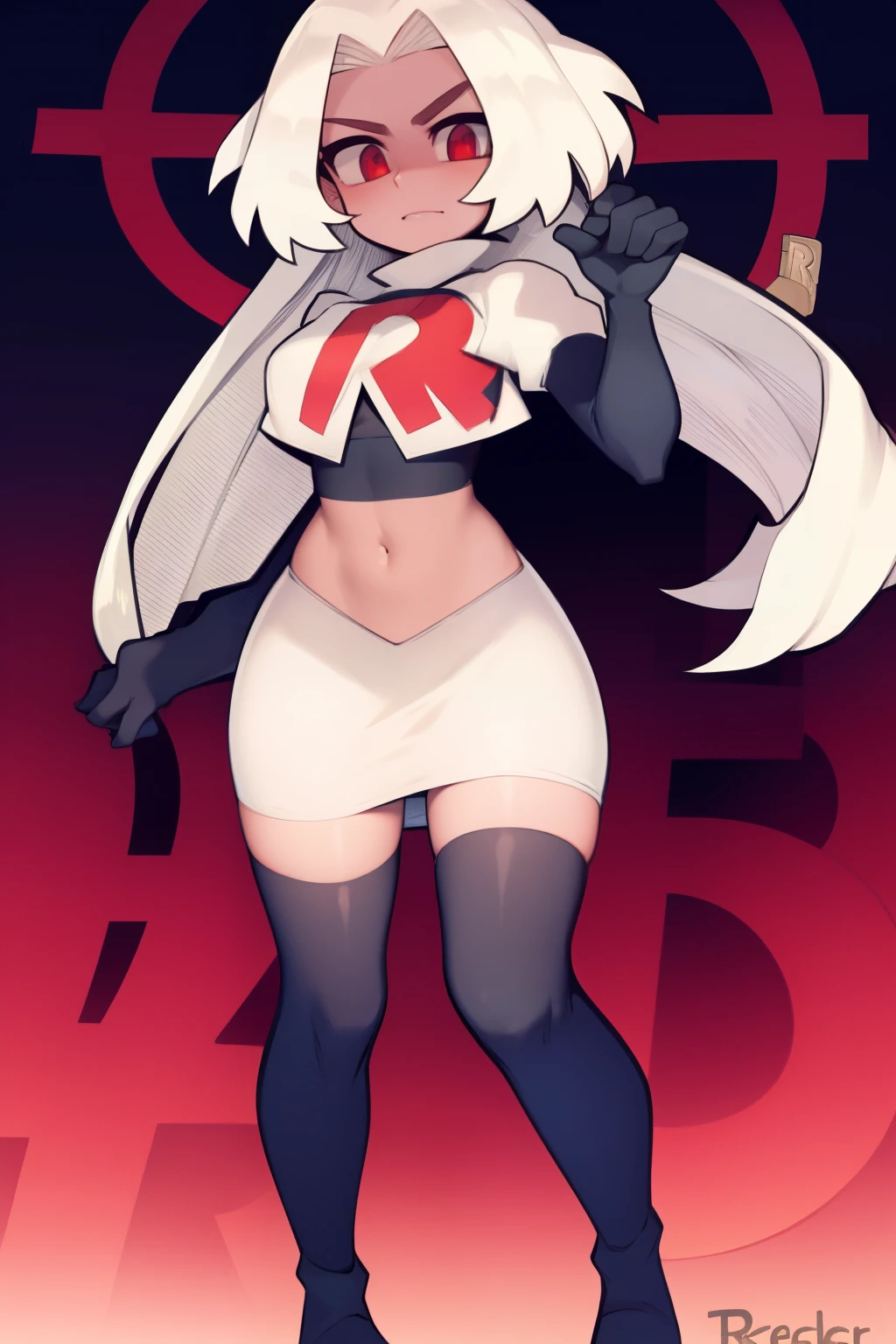 masterpiece, best quality, red eyes, white hair,team rocket,team rocket uniform,white skirt,red letter R,crop top,black thigh-highs,black elbow gloves,