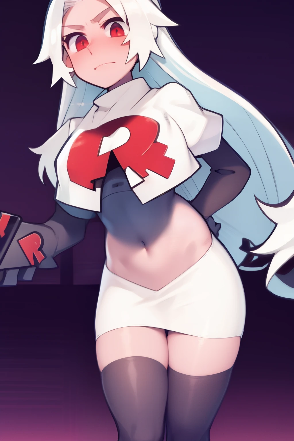 masterpiece, best quality, red eyes, white hair,team rocket,team rocket uniform,white skirt,red letter R,crop top,black thigh-highs,black elbow gloves,