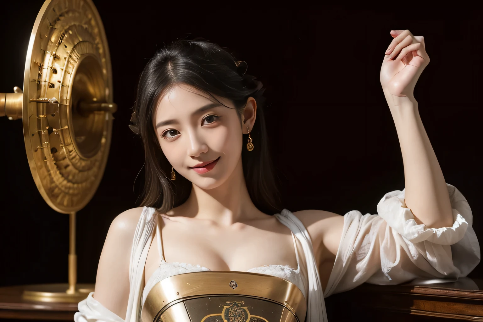 female mathematician,Ancient Greek costumes,Astronomical machinery,antique,A smile,,Sweet and seductive appearance.、Caravaggio's paintings、Chiaroscuro of Caravaggio,,Cute smile, Expression of ecstasy,erotick,A sexy