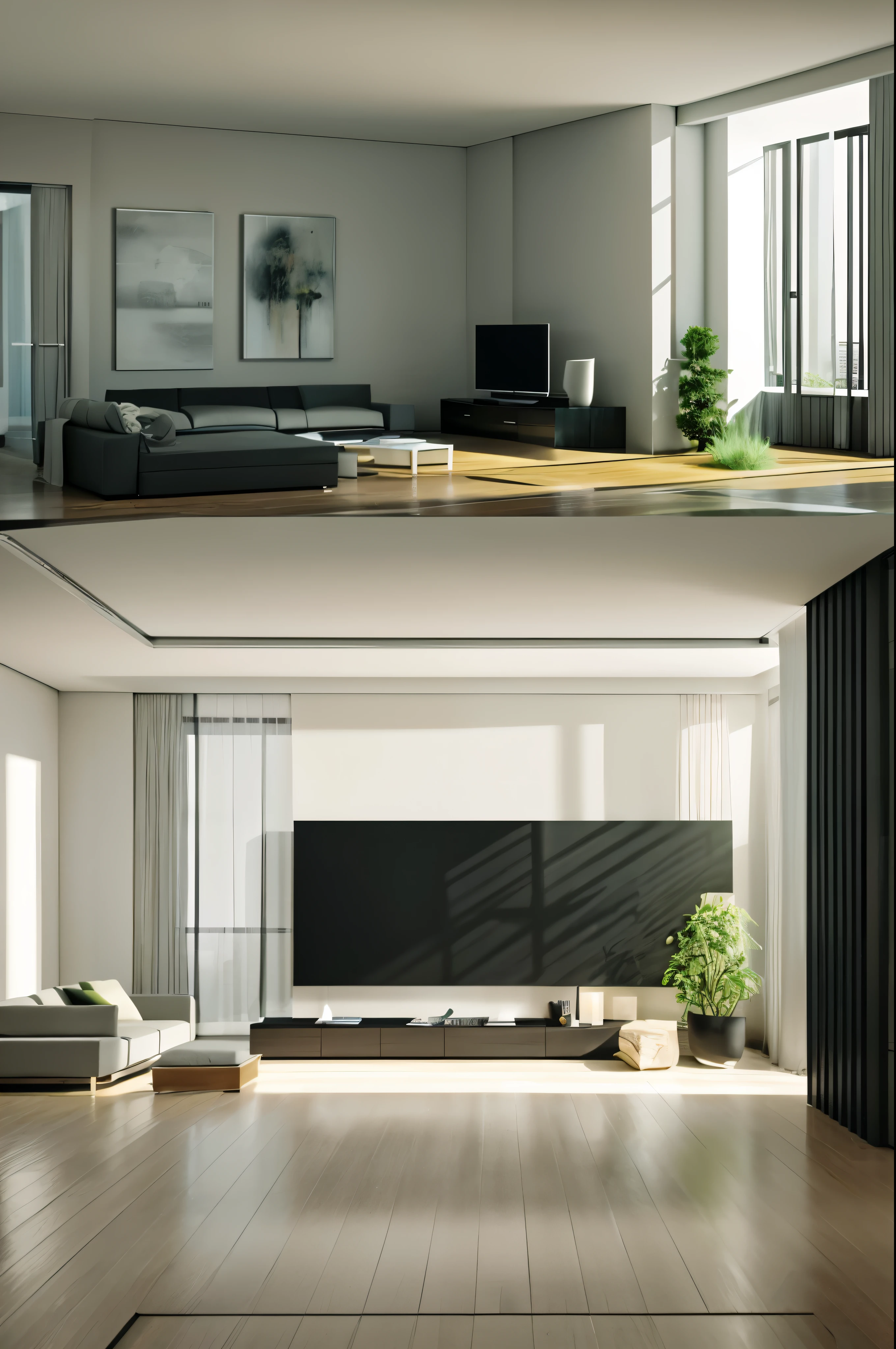You are a famous interior designer、You have been asked to create a 3D image of a modern large room. Create a harmonious environment with modern and minimalist furniture. Including garden interior.