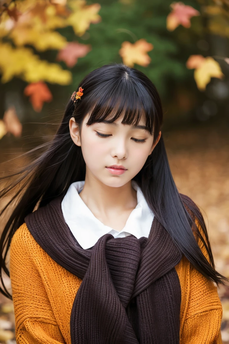 Beautiful girl wearing autumn clothes、ars、bow ribbon、japanes、(heavy wind)、wistfulness、Black hair straight long hair、With bangs、Spinning、An expression that reminds you of something with your eyes closed、faint and collapse、