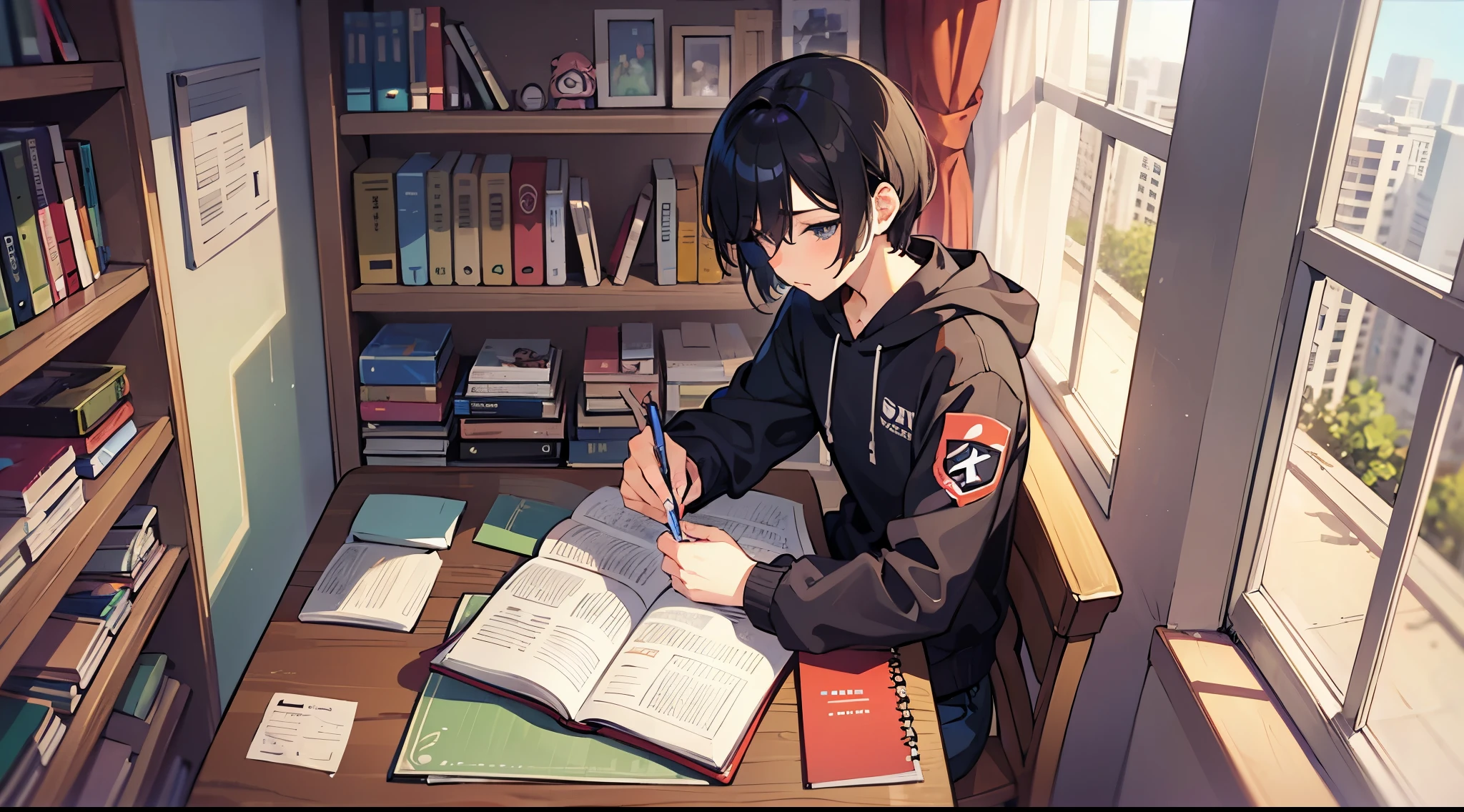 an anime boy studying in his room, writing on his notebook, sitting near the window, a puppy sitting near the window, closed room with bookshelf, curtains and essentials. --auto --s2