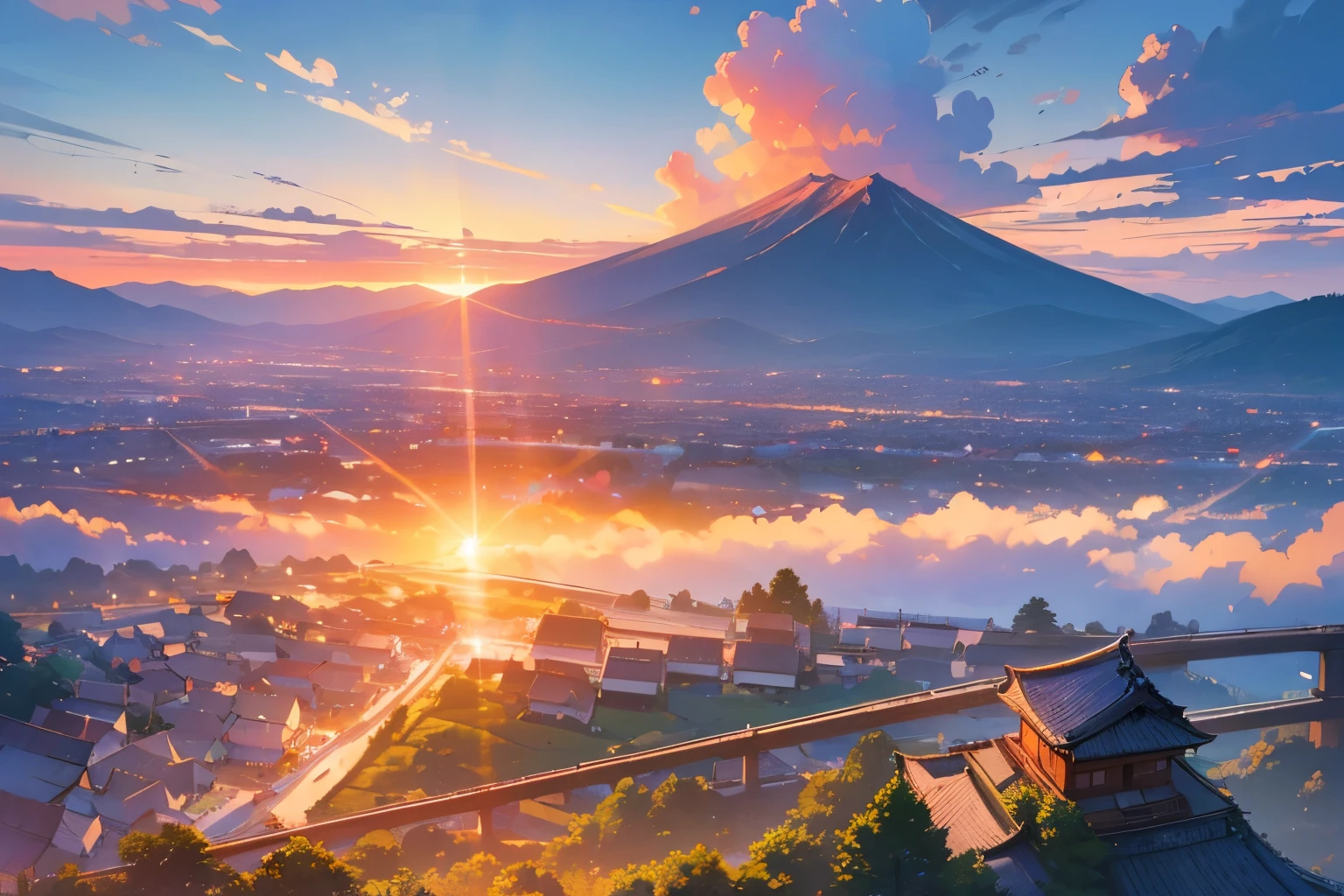 ((Masterpiece)), (Professional Photography:1.2), (High Definition:1.3), best quality, 8K, ((Beautiful sunrise)), mountain, sunnyday, japanese townscape