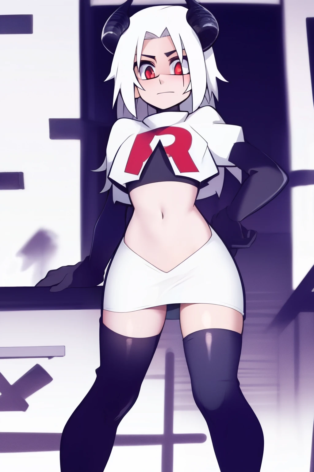 masterpiece, best quality, red eyes, white hair,demon horns, demon tail,team rocket,team rocket uniform,white skirt,red letter R,crop top,black thigh-highs,black elbow gloves,