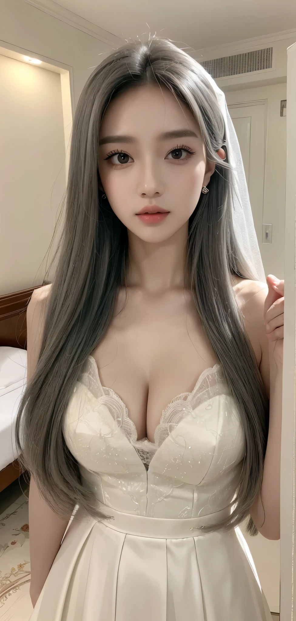 (Best quality, 8K, tmasterpiece, hyper HD: 1.3), (K-pop idol: 1.3), 1 , (: 1.2), (Long gray hair),  perfect body figure, Ultra-fine face, Exquisite, pretty eyes, 二重まぶた, Hands are super thin, Ultra-thin fingers, ((Korean wedding dress))，开衫Elegant  , detailed  , Elegant  , Luxury hotel 5 star,，