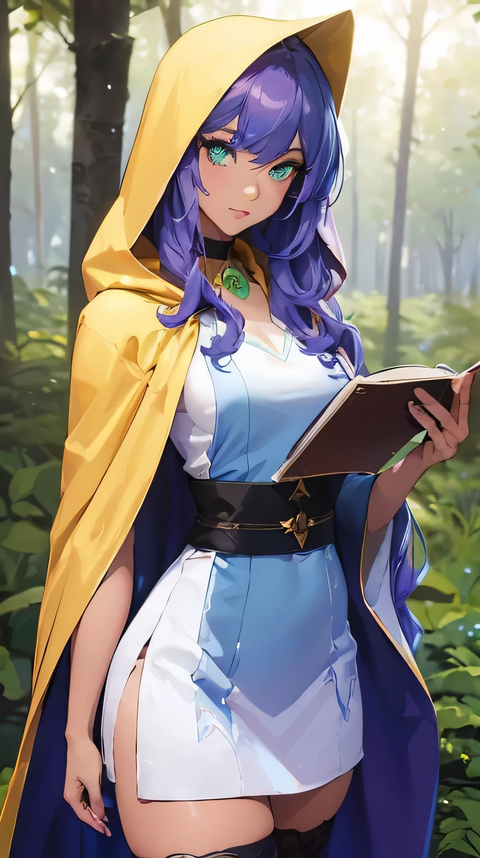 masterpiece, high quality, illustration, extremely detailed, cg unity 8k, spacious forest, temple ruins, 1_women, full body, (exotic skin_complexion:1.4),mature, statuesque, tall, beautiful, exotic, with long elf ears, (looking away from the viewer), ((timid expression)), wearing ((yellow)) hooded cloak), hood down, black choker, (thigh highs) with purple embroidery, long fingerless leather gloves, ((medium breasts)), light blue dress, bright purple hair, long hair, wavy hair, realistic and detailed face having (((green_eyes)), dark_eyeliner, long_eyelashes), natural dynamic lighting casts detailed shadows, by canon dos, sigma art lens 35mm f1.4, iso 100 shutter speed 2000