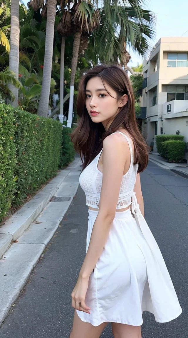 dark brown hair、Light brown eyes、The face of the Japan actress、 Lady、looks like him;I&#39;m about 40 years old、(intricate-detail:1.2)、(which one is the top?:1.4)、 (超A high resolution:1.2)、超A high resolution、(finely eye)、(detailed facial features)、nffsw、8K resolution、D-cup size breasts、length hair、Walking down a street lined with palm trees in Los Angeles、fully body photo、shot from head to toe、west coast fashion、In the background is a road lined with Los Angeles palm trees.、