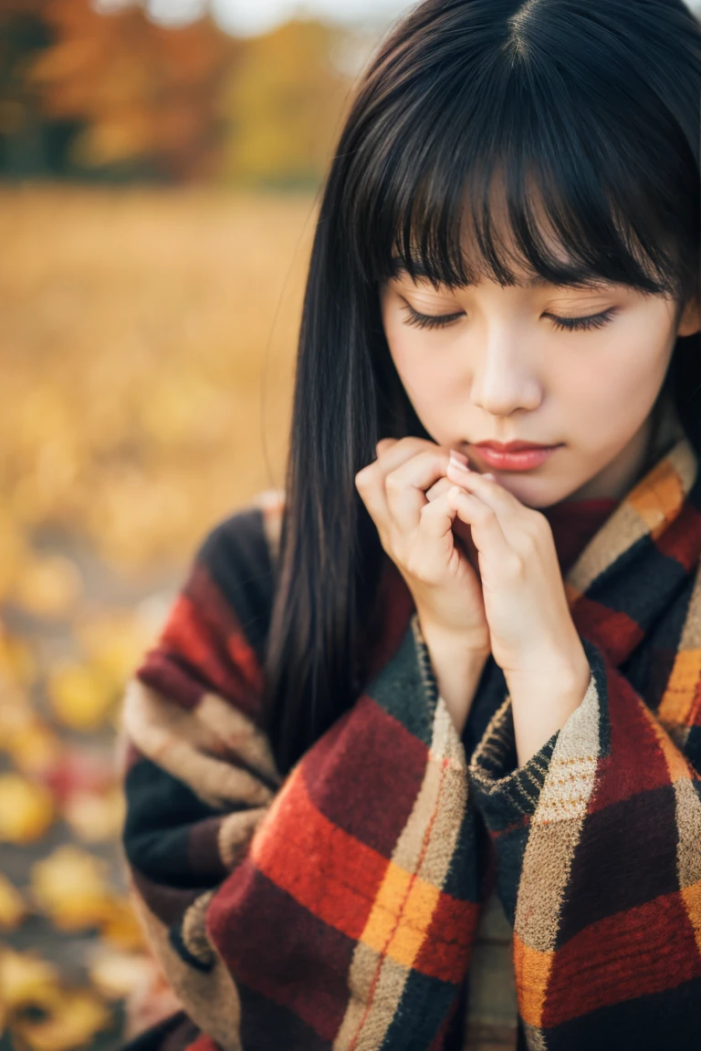 Beautiful girl wearing autumn clothes、14years、bow ribbon、japanes、(heavy wind)、wistfulness、Black hair straight long hair、With bangs、Spinning、An expression that reminds you of something with your eyes closed、faint and sit down、