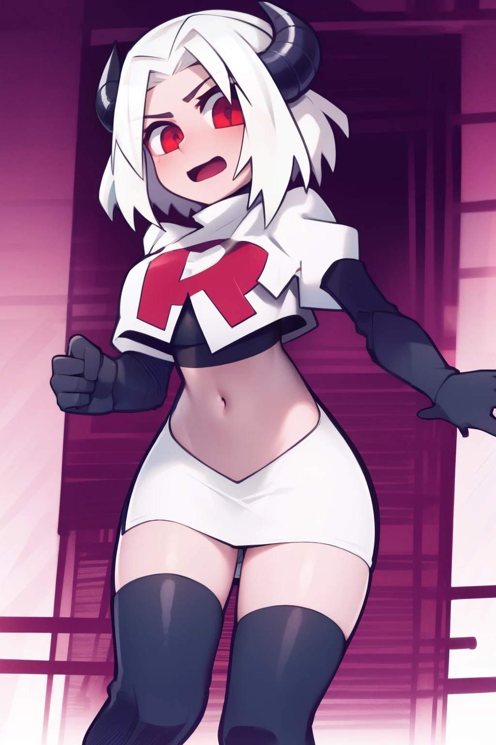 masterpiece, best quality, red eyes, white hair,demon horns, demon tail,team rocket,team rocket uniform,white skirt,red letter R,crop top,black thigh-highs,black elbow gloves,