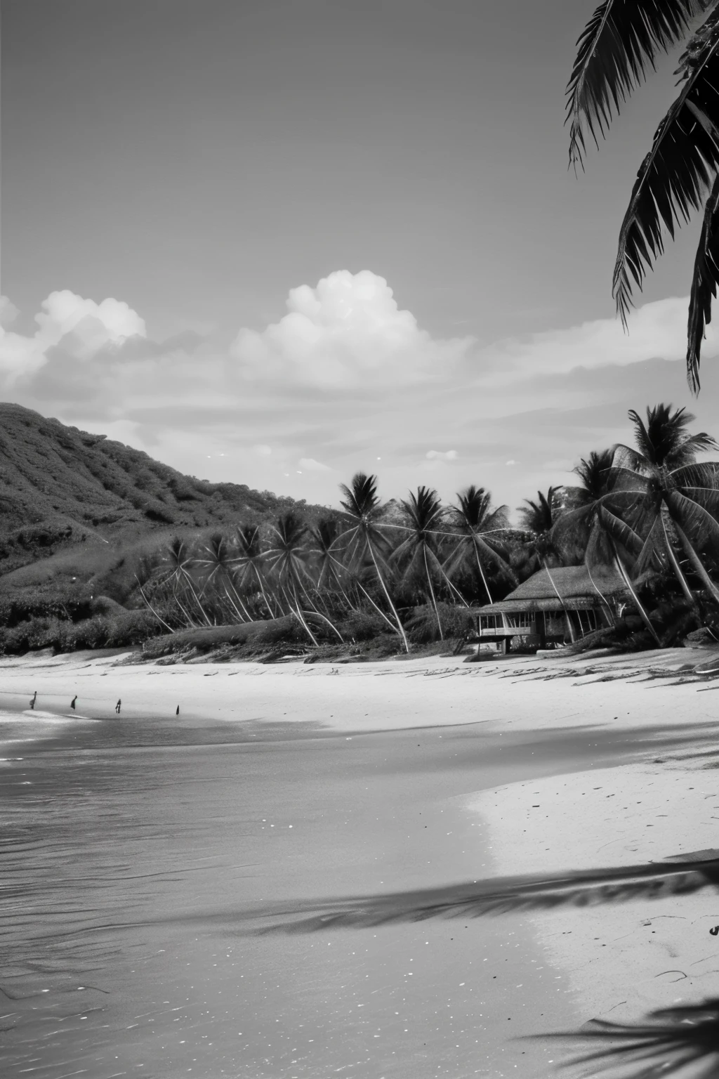 black and white image, real, beach atmosphere during the day, coconut trees on the beach, realistic, HD, focused.