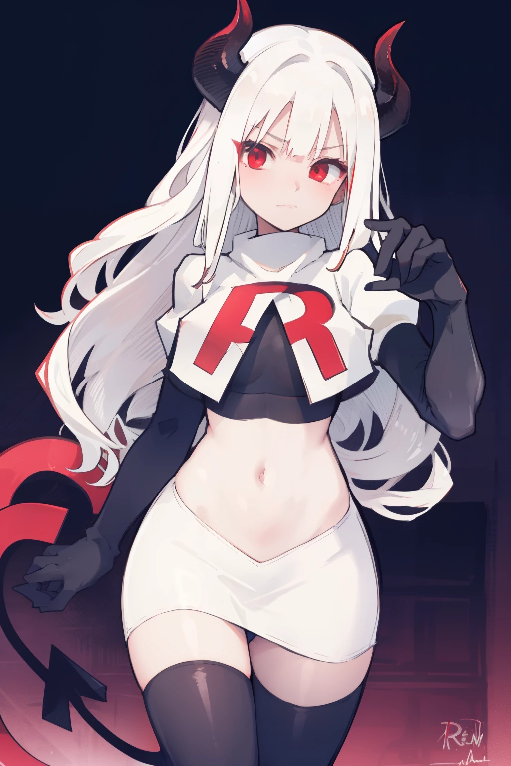 masterpiece, best quality, red eyes, white hair,demon horns, demon tail,team rocket,team rocket uniform,white skirt,red letter R,crop top,black thigh-highs,black elbow gloves,
