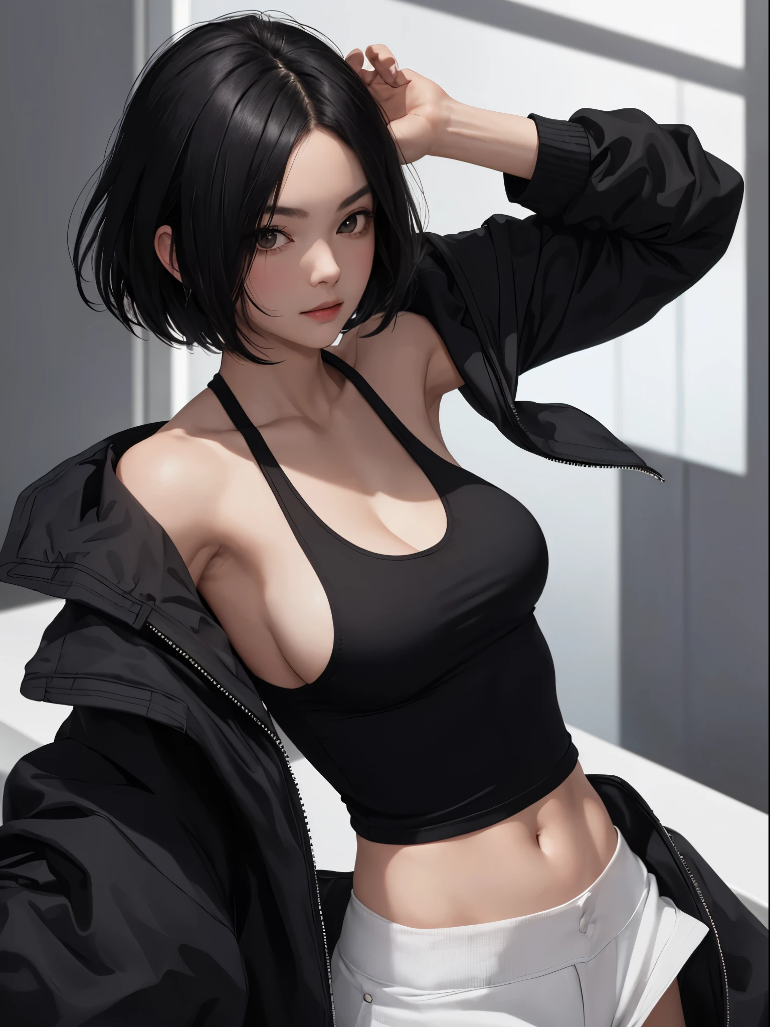 1girl, black hair, collarbone, black jacket, large breasts, looking at viewer, shirt, short hair, solo, tank top, upper body, white shirt, white tank top, showing abs, muscular female,