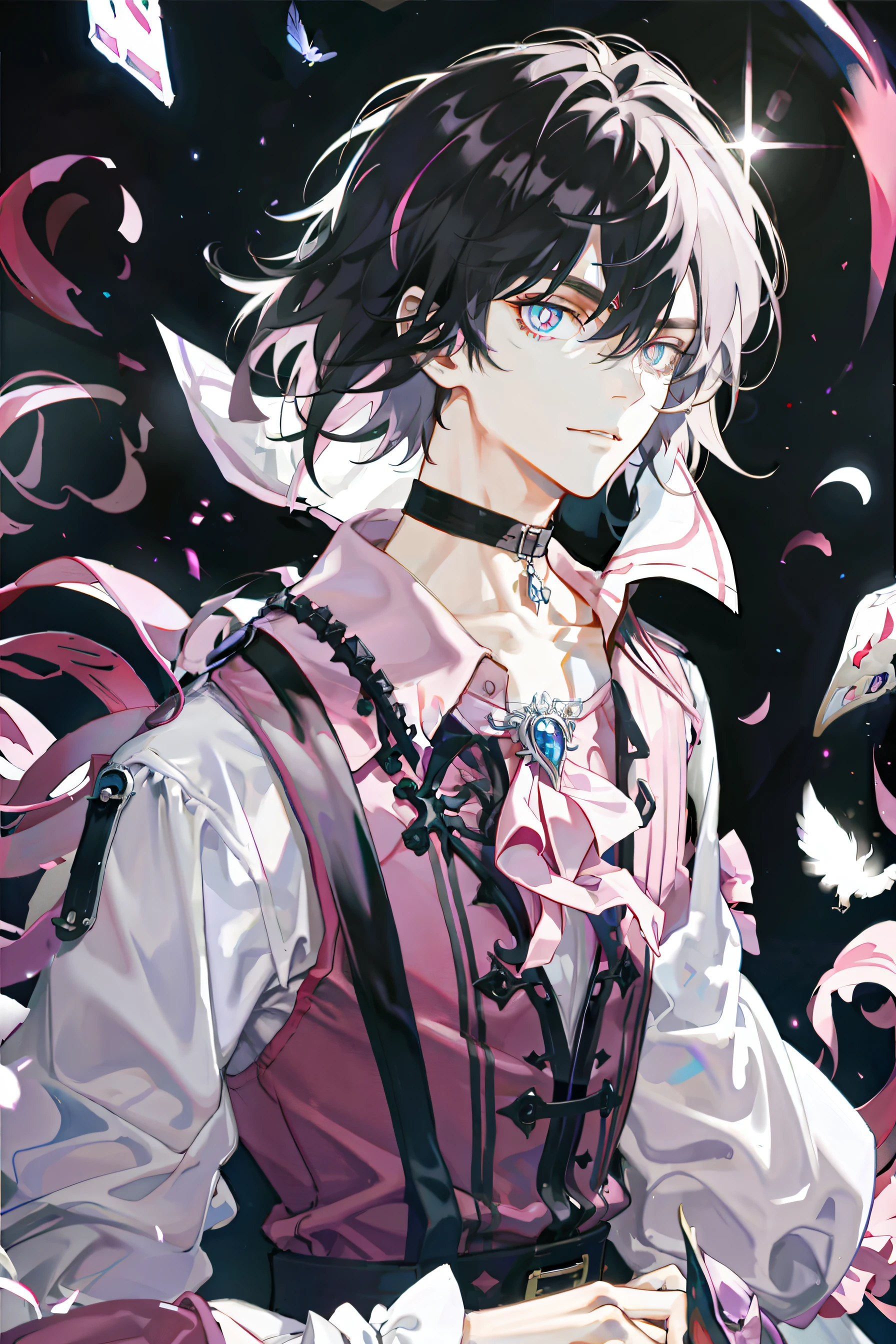 face repair，Handsome，Exquisite，Pupils in pink color，Gothic male clothing