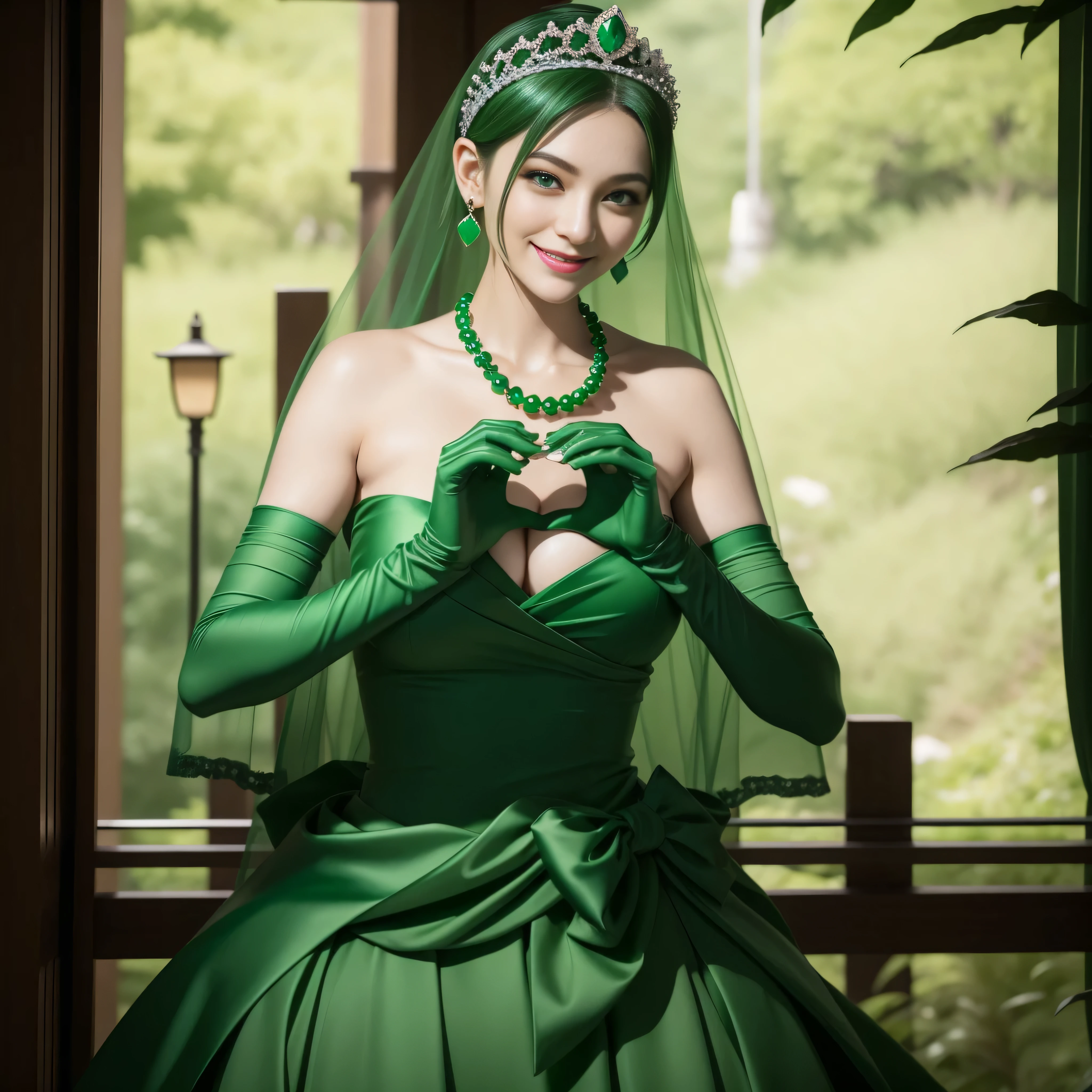 emerald tiara, Green Pearl Necklace, Boyish very short green hair, lipsticks, Japan woman smiling, very short short hair, big breasts beautiful, Green eyes, Long green gloves made of satin material, Green eyes, Emerald Earrings, green vale, 両Heart in the hand, Heart in the hand