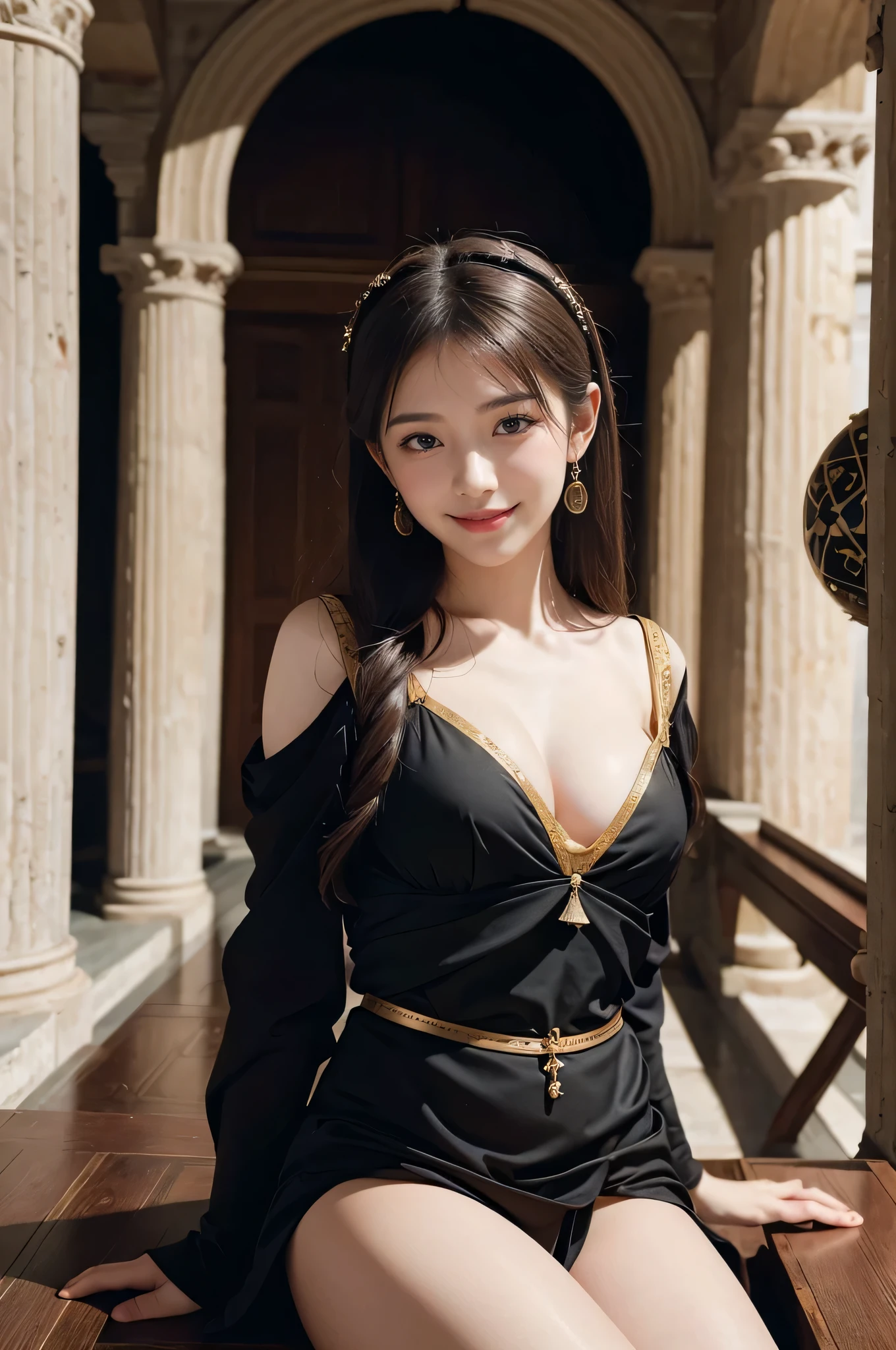 female mathematician,Ancient Greek costumes,Astronomical machinery,antique,A smile,,Sweet and seductive appearance.、Caravaggio's paintings、Chiaroscuro of Caravaggio,,Cute smile, Expression of ecstasy,erotick,A sexy