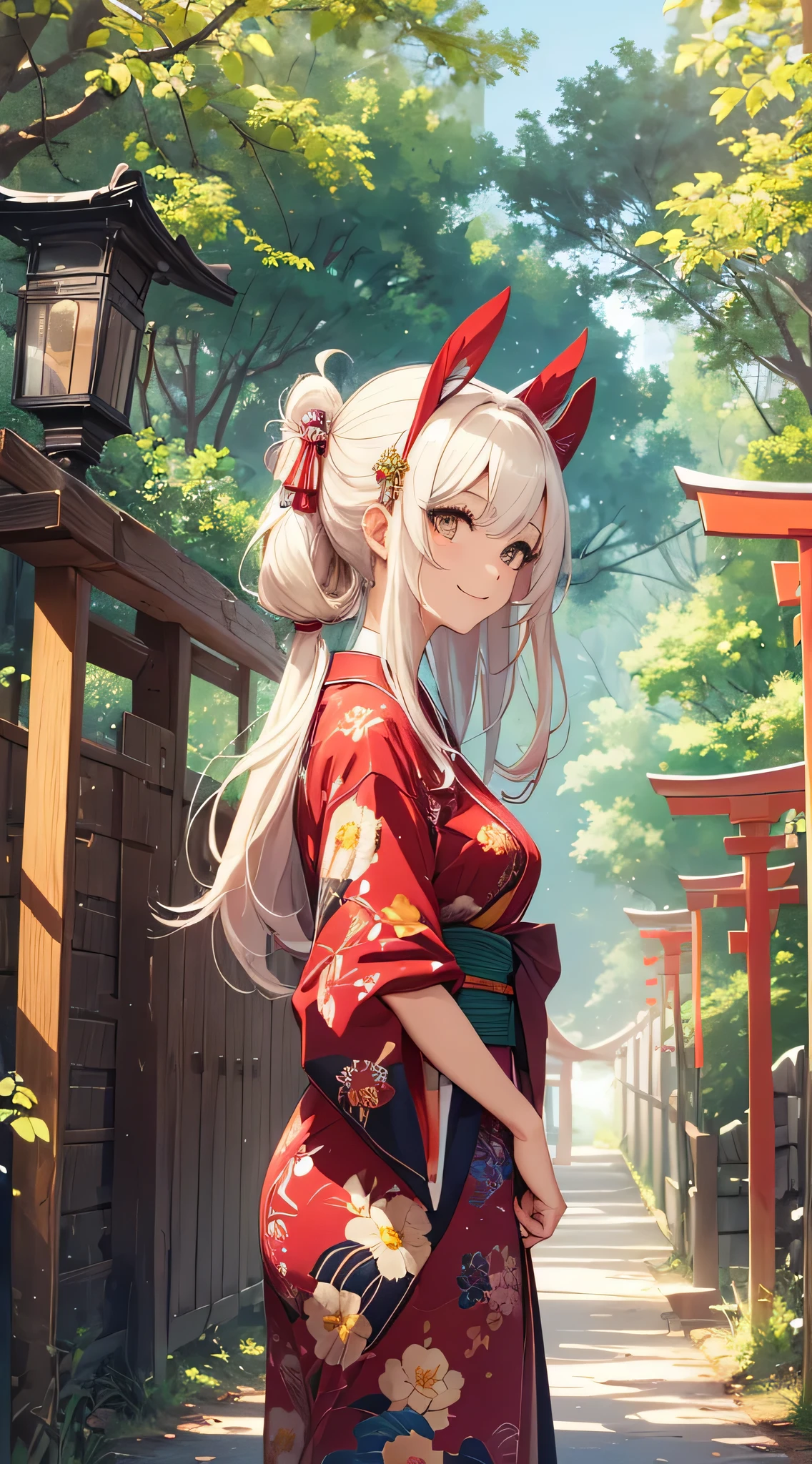 top-quality、Top image quality、masterpiece、s girl((18year old、 Ager、Best Bust、Medium bust,wide open breast tea、Golden Eyes, a blond、poneyTail、A slender,Highest valley、Red kimono、Cute Hair Ornament、The best smile、Holding hands)),hiquality、Beautiful Art、Background with((jpn、Blue sky、shrines、torii gate、Bright sun、big crowd)),masutepiece、depth of fields、movie、visualart、Perfect Art、POV POV Perspective