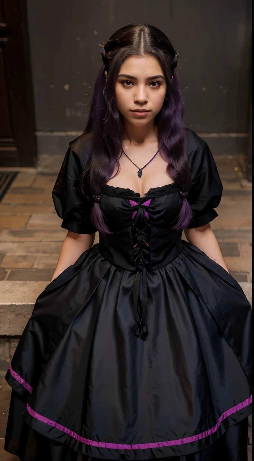 Menina bonita, menina jovem, 25 anos, Cabelo absurdamente longos, cabelo pintado todo de roxo, com um vestido longo de cor preto, roupa de casamento preto, fundo de um templo oriental, tempo chuvoso, apaixonada, realista.