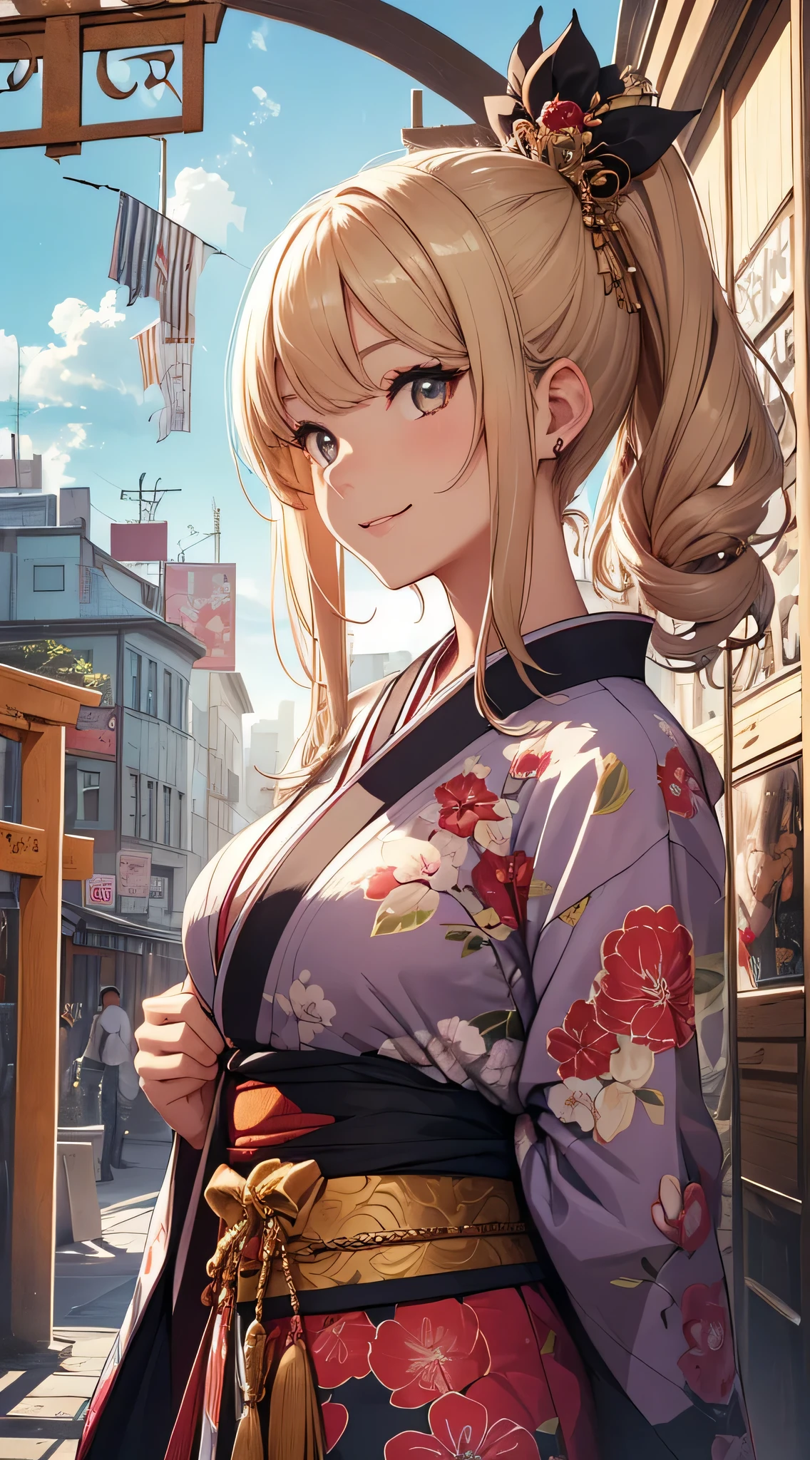 top-quality、Top image quality、​masterpiece、teens girl((18year old、 Ager、Best Bust、Medium bust,wide open breast tea、Golden Eyes, a blond、poneyTail、A slender,Highest valley、Red kimono、Cute Hair Ornament、The best smile、Holding hands)),hiquality、Beautiful Art、Background with((jpn、Blue sky、shrines、torii gate、Bright sun、big crowd)),masutepiece、depth of fields、movie、visualart、Perfect Art、POV POV Perspective